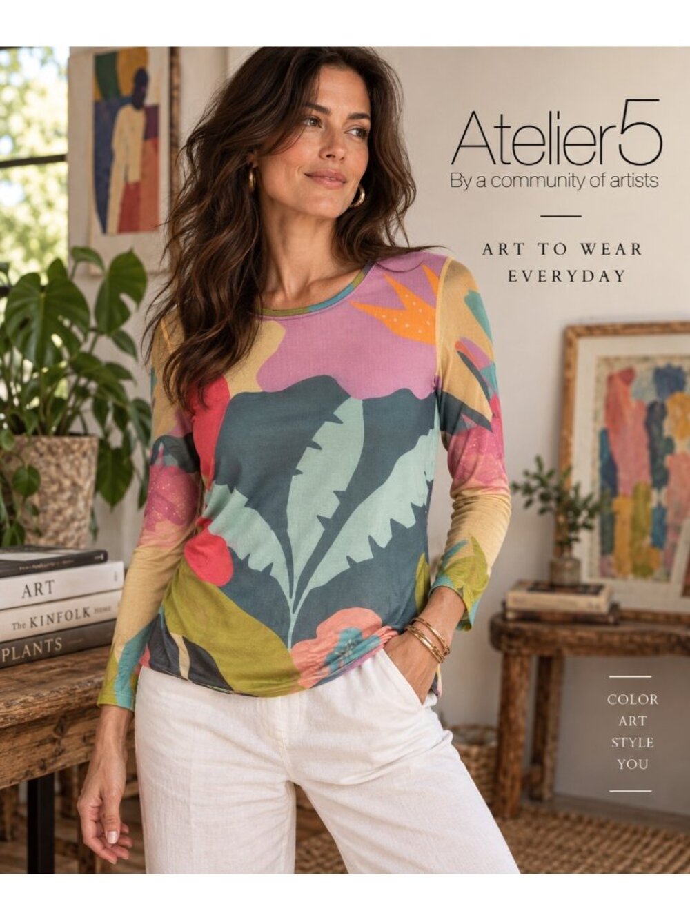 Atelier5 Art to Wear Top M Multicolor Botanical Floral Long Sleeve Artsy Boho